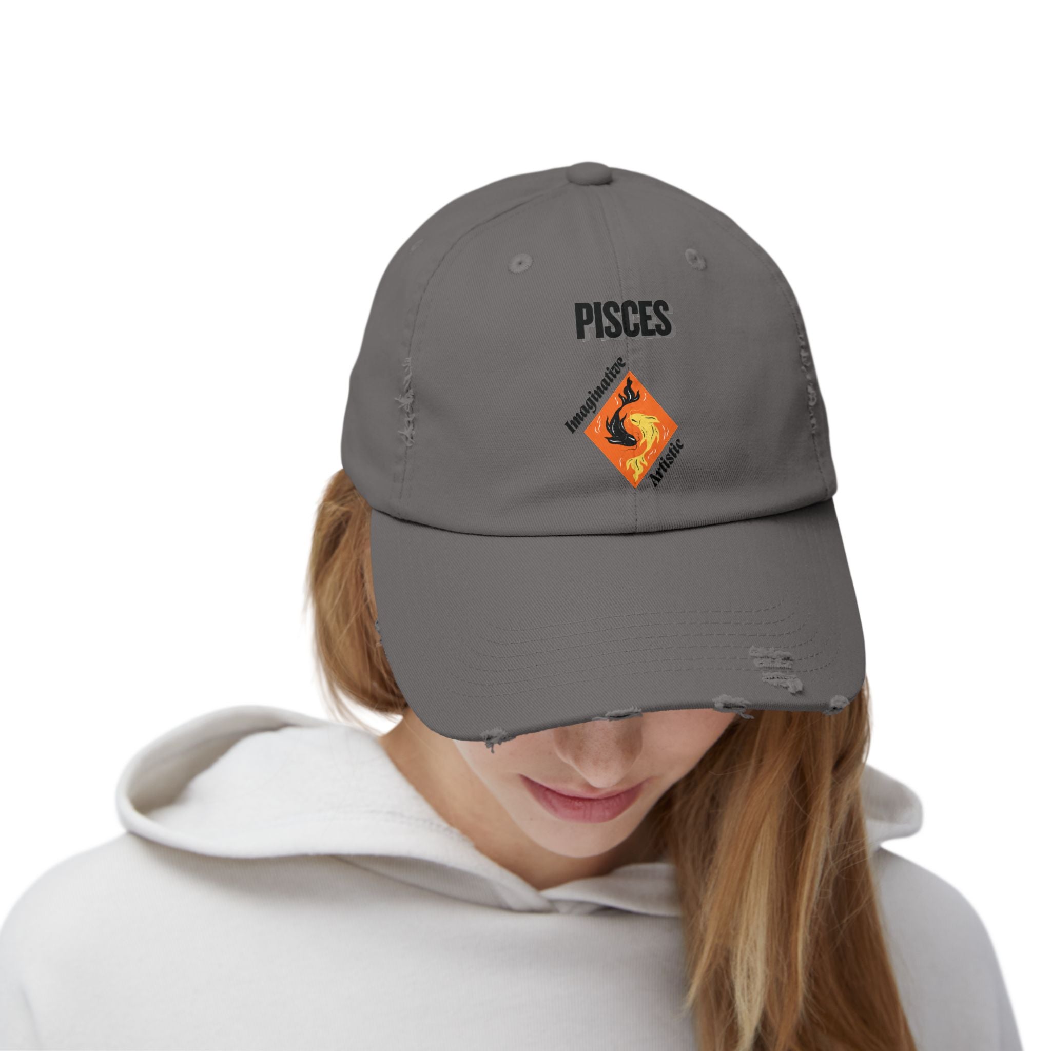SABAS Pisces Zodiac Sign Distressed Cap Fish Horoscope DTF Hat