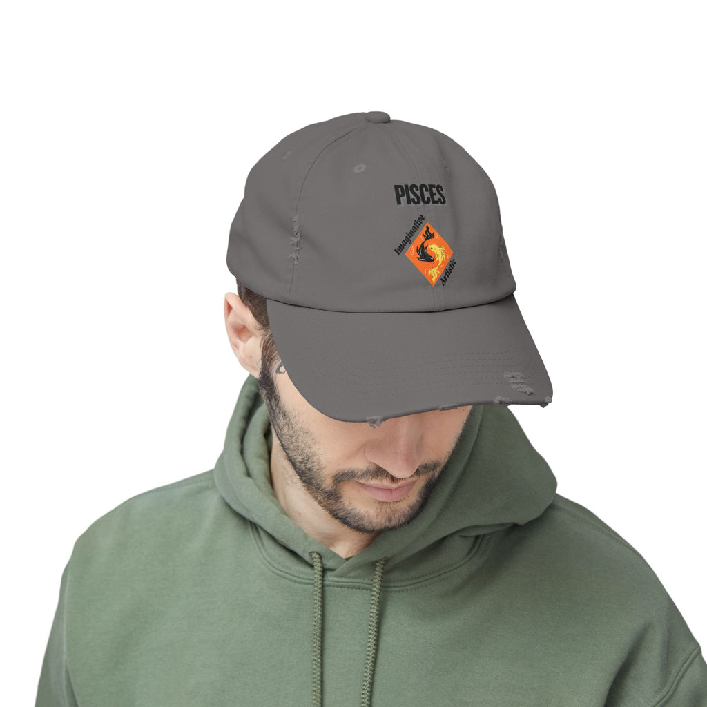 SABAS Pisces Zodiac Sign Distressed Cap Fish Horoscope DTF Hat