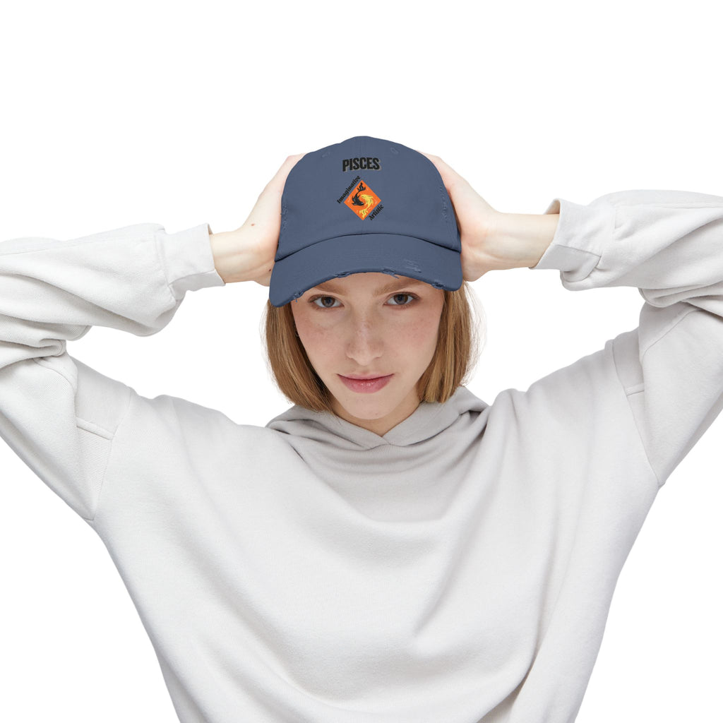 SABAS Pisces Zodiac Sign Distressed Cap Fish Horoscope DTF Hat