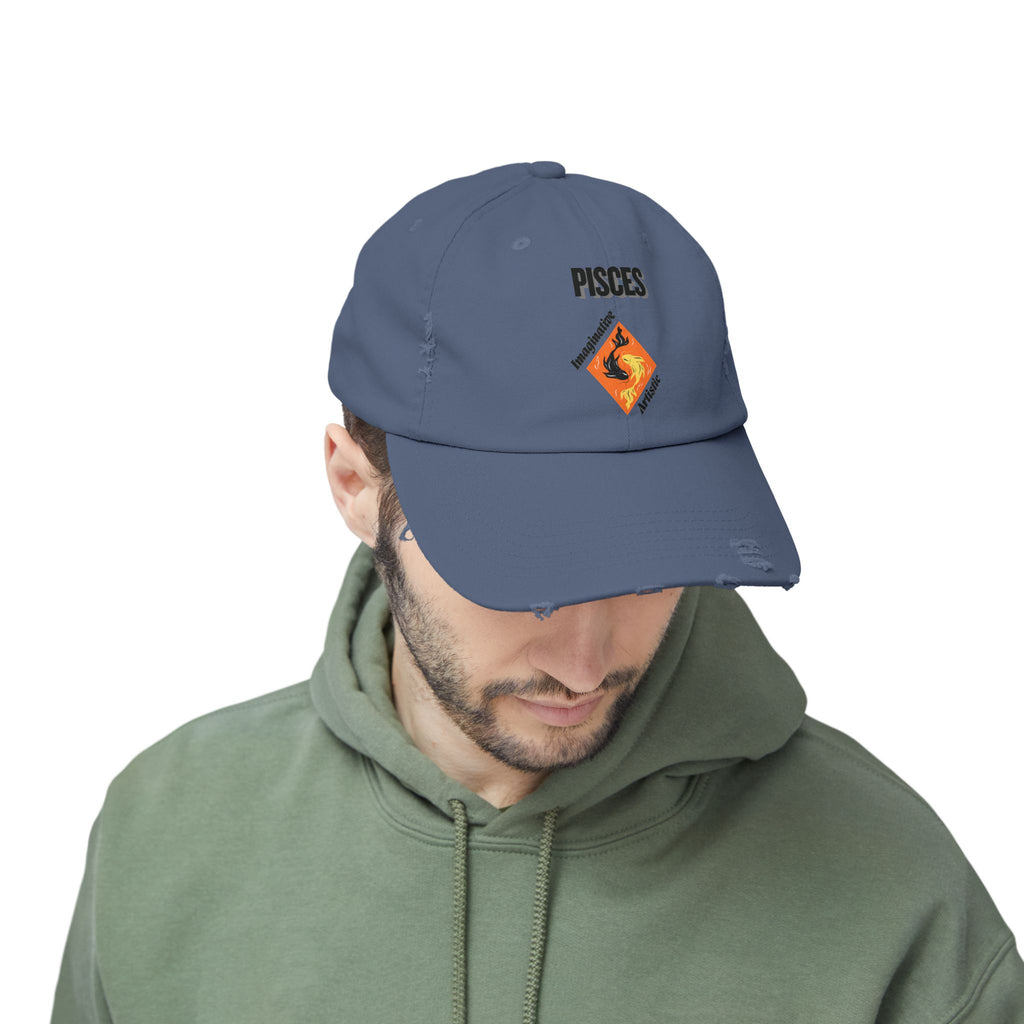 SABAS Pisces Zodiac Sign Distressed Cap Fish Horoscope DTF Hat