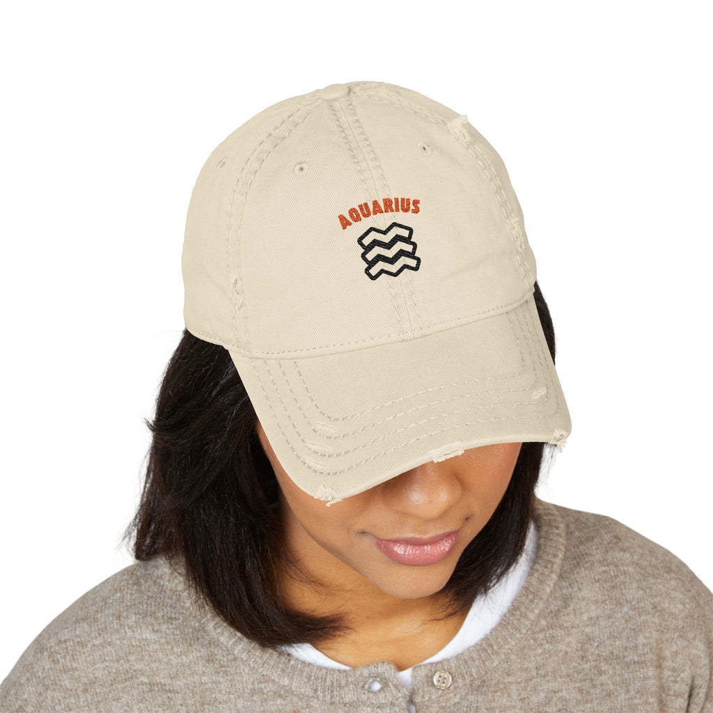 SABAS Embroidered Cap - Aquarius Zodiac Sign Distressed Cap